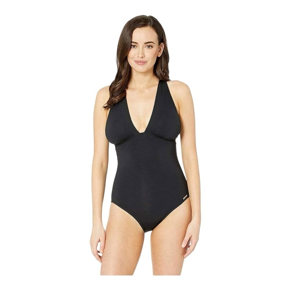 Michael Kors High Neck Shirred One-Piece Swimsuit in Black NWT